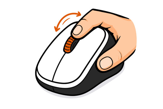 Hand using computer mouse with scrolling wheel gesture on white background
