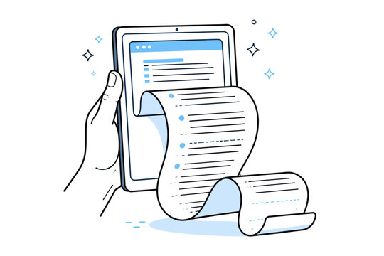 Hand holding tablet with long scrolling list and sparkles