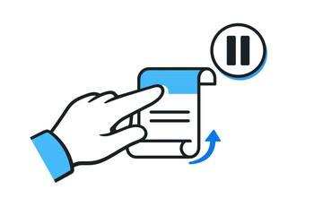 Hand interacting with rolled document and pause icon