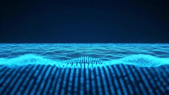 Abstract blue digital landscape with glowing particles, representing technology and data visualization.