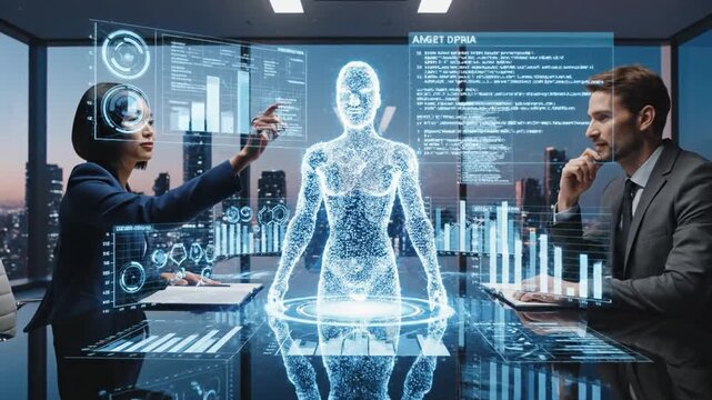 Two business professionals interact with holographic AI partners in a modern office setting. The AI helps in decision making and improves collaboration in real-time