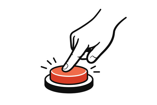 Hand pressing red button illustration with exclamation lines