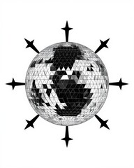 A glittering disco ball with radiating light patterns in a monochrome setting