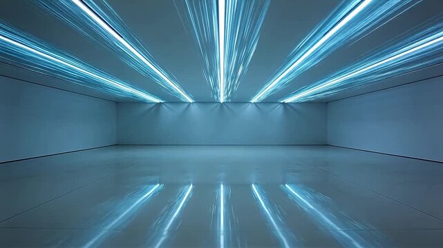 Empty white minimalist interior space with long strip lights