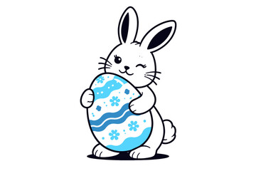 Cute winking easter bunny holding a decorative egg with blue patterns
