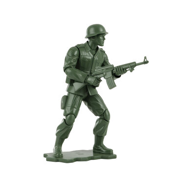 Green plastic army toy soldier with gun isolated on a transparent background