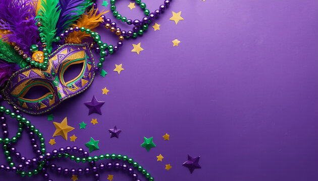 Mardi gras mask and beads on purple background with confetti stars for carnival celebration copy space
