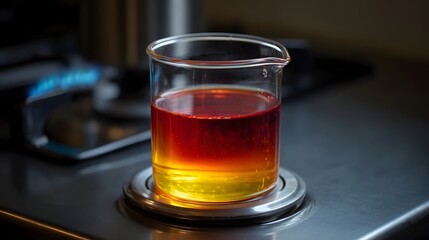 A clear beaker containing yellow and red immiscible liquids is heated on a laboratory burner creating a visible stratification and color gradient