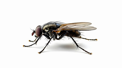 Detailed macro shot of a common fly, capturing the intricate textures of its hairy body, compound eyes, and delicate wings, isolated on a bright white background