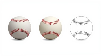 Three baseballs with different stitching designs and colors displayed side by side