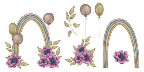 Watercolor set composition pastel rainbow decorated purple flowers and beige balloons. for nursery decor baby shower birthday invitations childrens books wallpapers posters textiles and packaging.