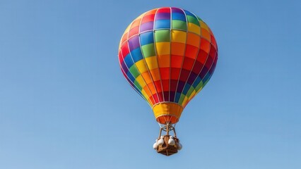 Fototapeta premium Vibrant multicolored hot air balloon soaring majestically against a clear blue sky, offering breathtaking aerial views and thrilling adventure.