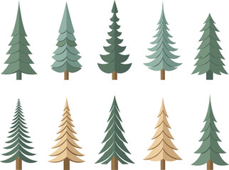 Obraz premium Pine and fir tree illustration set with different evergreen shapes and colors representing forest, nature and winter landscape isolated on white background flat vector