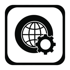 Black and white icon of a gear and globe in a square with rounded corners