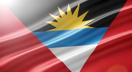 Obraz premium A close-up view of the national flag of Antigua and Barbuda, featuring a vibrant design with a red field, a black triangle, a blue band, a white band, and a golden sun.