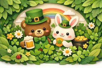 Fototapeta premium A cheerful illustration featuring a bear and a bunny in green hats, surrounded by clovers, flowers, and a rainbow, celebrating a festive occasion.