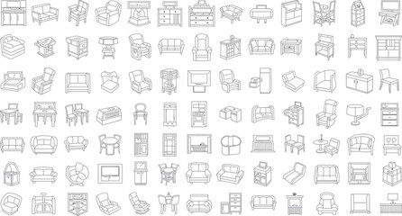 A collection of various small line drawings isolated on transparent background