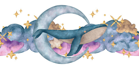 Obraz premium Watercolor seamless border with blue whale, crescent moon, clouds and golden stars. Dreamy pastel illustration for nursery decor, wallpaper, textile and wrapping design.