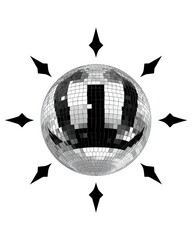 A reflective disco ball surrounded by eight pointed starbursts in black and white