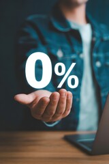 Close-up of a person's open hand offering a glowing 0% symbol, symbolizing zero interest or a special offer.