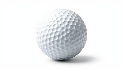 A close-up view of a white golf ball with dimpled surface on a white background
