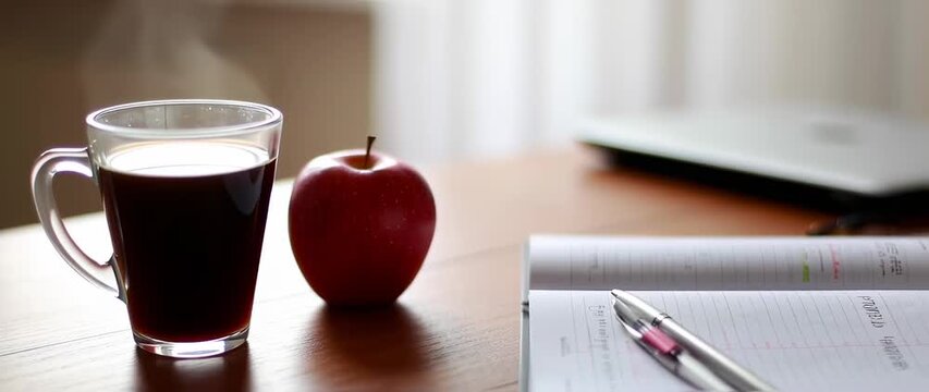 Coffee, apple, and planner on a table