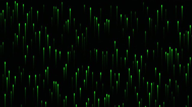 Abstract digital rain effect with numerous glowing green vertical lines on a dark background, resembling a data stream.