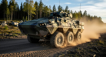 Fototapeta premium Military Armored Vehicle Driving on Dirt Road in Forest