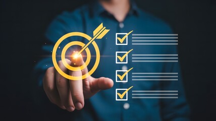 Person touching a digital target with an arrow, symbolizing achieving goals and completing tasks on a checklist.