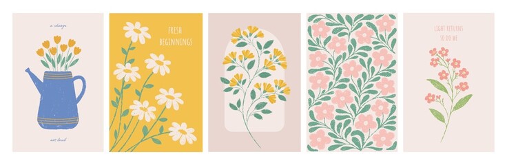 Set of hand-drawn floral illustrations in crayon style with pastel flowers, leaves and handwritten quotes on soft backgrounds, cohesive botanical artwork collection suitable for greeting cards, poster © Anna