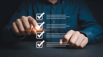 Person's hand checking off items on a digital to-do list with glowing check marks and horizontal lines.