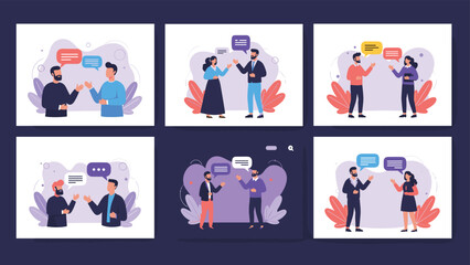 Fototapeta premium Six diverse scenes illustrating various groups of men and women engaging in dynamic conversations, with speech bubbles, on abstract backgrounds.