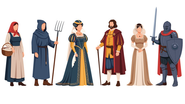 Group of six distinct characters dressed in traditional historical or medieval clothing, representing various social classes, from peasant to knight.