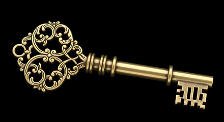 Obraz premium An antique golden metal key stands out as a vintage symbol of success and security, an old rusty object designed to unlock a safe home or business door isolated on a dark black background