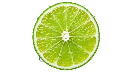 Vibrant Fresh Green Lime Slice with Refreshing Water Droplets, Isolated on White Background for Zesty Culinary and Beverage Concepts
