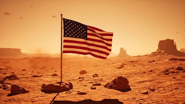 American flag waving on martian surface, wind blow dust, space exploration and national pride concept