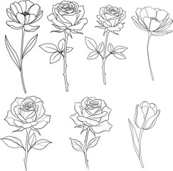 A collection of eight black and white rose illustrations with leaves and stems