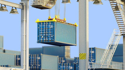 Port logistics operations, Cargo handling. Crane lifts shipping container at container terminal for loading, unloading, and intermodal freight transportation, 3d image