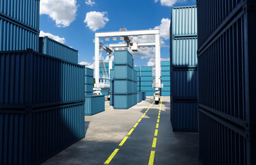 Fototapeta premium Container terminal operations, Port logistics. Stacked shipping containers and gantry crane handling cargo in container yard for loading, storage, and global freight transport, 3d image