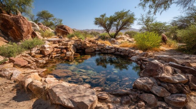 A serene, natural rock pool surrounded by desert vegetation, with a clear, still water surface reflecting the surrounding landscape.