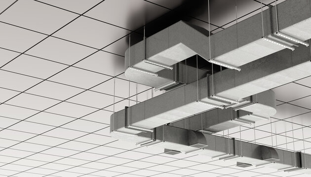 HVAC system design, Air ventilation. Suspended rectangular ductwork integrated with ceiling grid for controlled airflow in office or commercial interior, 3d image