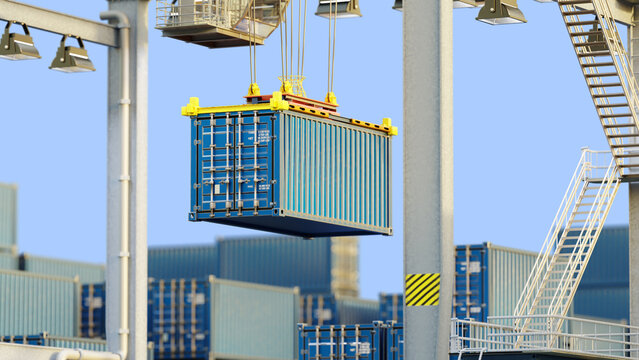 Port logistics operations, Cargo handling. Crane lifts shipping container at container terminal for loading, unloading, and intermodal freight transportation, 3d image