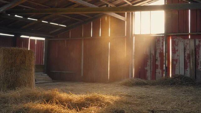 A rustic barn interior with haystacks and sunlight streaming through a window, highlighting the rural countryside landscape