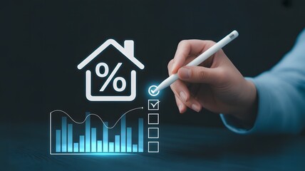 Digital illustration of a hand using a stylus to interact with a virtual interface showing a house with a percentage sign.
