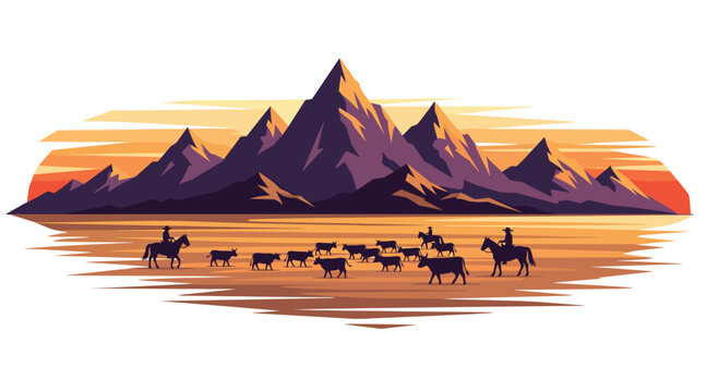 Cowboys Herding Cattle Across a Vast Desert Plain with Dramatic Mountains at Sunset Horizon