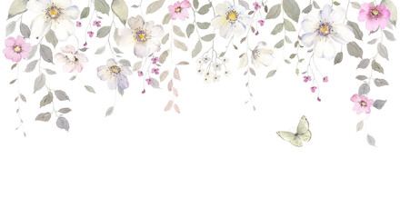 Fototapeta premium Watercolor floral border with delicate pendant flowers, branches and flying butterfly. Isolated hand-drawn illustration for message, invitation or greeting cards, wallpaper or mural. 