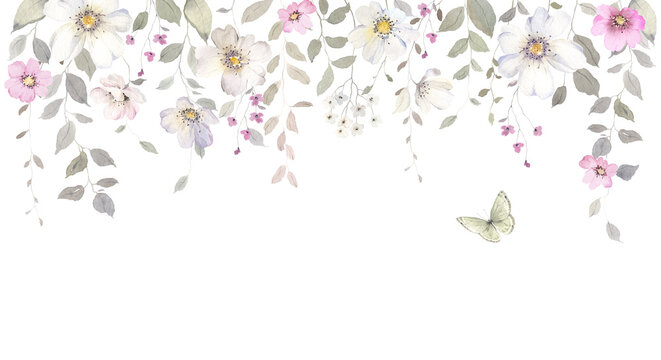 Watercolor floral border with delicate pendant flowers, branches and flying butterfly. Isolated hand-drawn illustration for message, invitation or greeting cards, wallpaper or mural. 