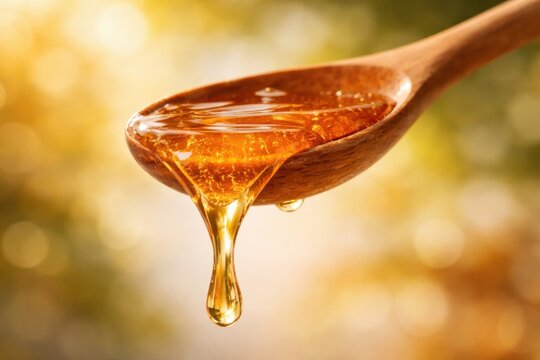 A wooden spoon dripping with golden honey against a soft, blurred background, highlighting the fluidity and natural sweetness of the liquid.