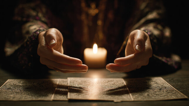 Mystic hand tarot card candle light fortune telling spiritual ritual divination occult magic prediction dark background mystic hand hovers over tarot card warm candle light, suggesting fortune