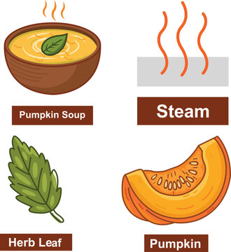Pumpkin Soup Icon Set with Steam, Herb Leaf and Slice